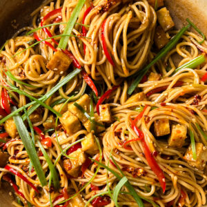chinese stir fry noodles with stuffed peppers